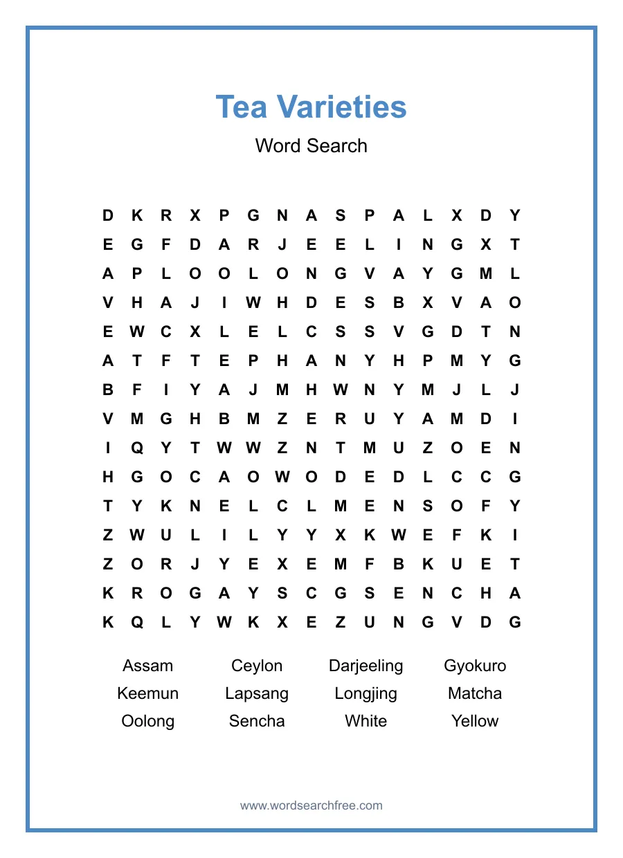 Tea Varieties - Hard Word Search Puzzle