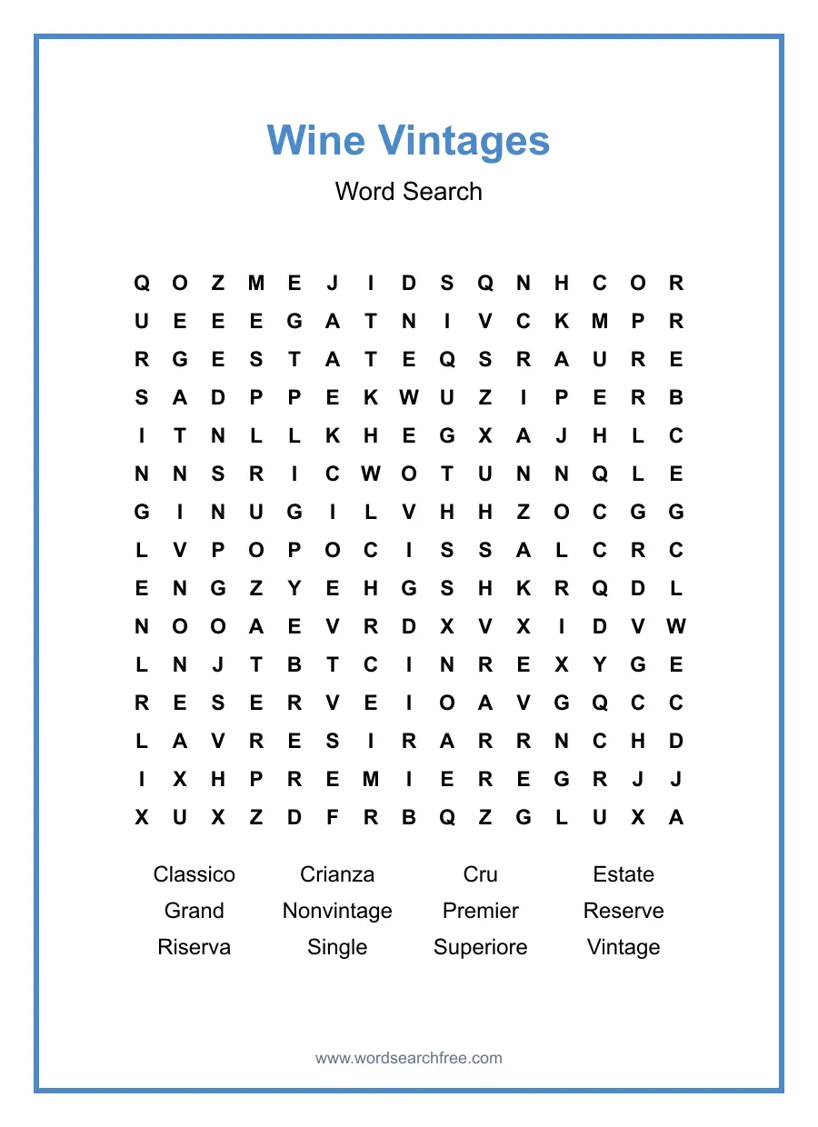 Wine Vintages - Hard Word Search Puzzle