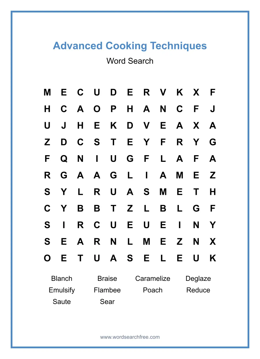 Advanced Cooking Techniques Word Search - Free printable puzzle with 10 words