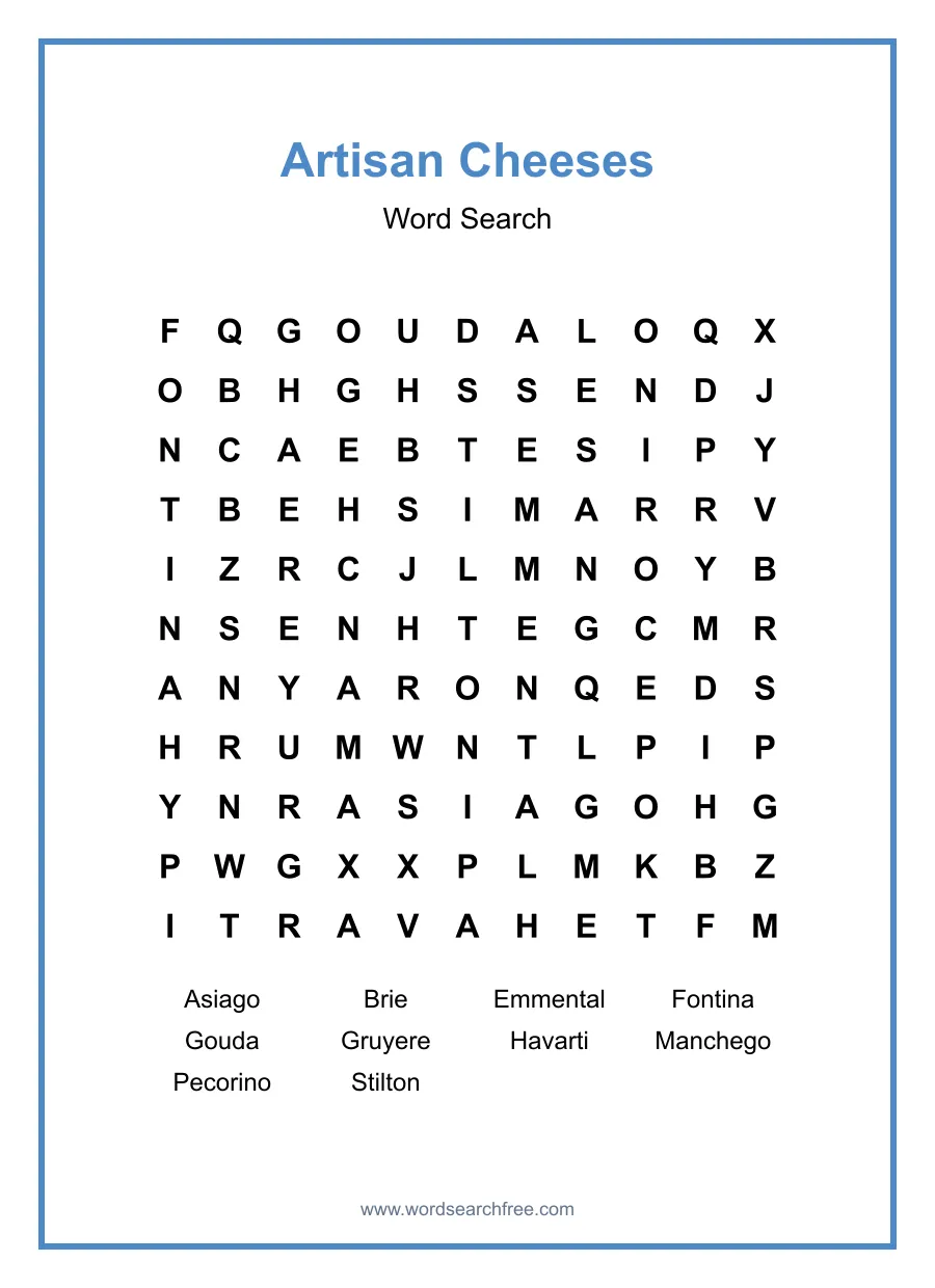 Artisan Cheeses Word Search - Free printable puzzle with 10 words
