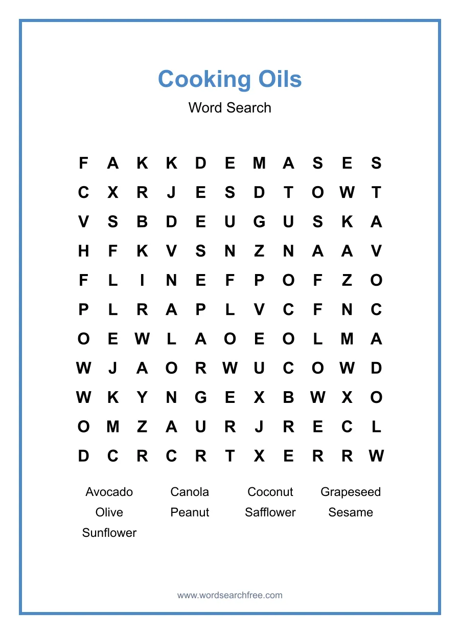 Cooking Oils Word Search - Free printable puzzle with 9 words