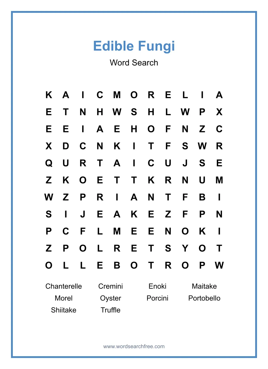 Edible Fungi Word Search - Free printable puzzle with 10 words