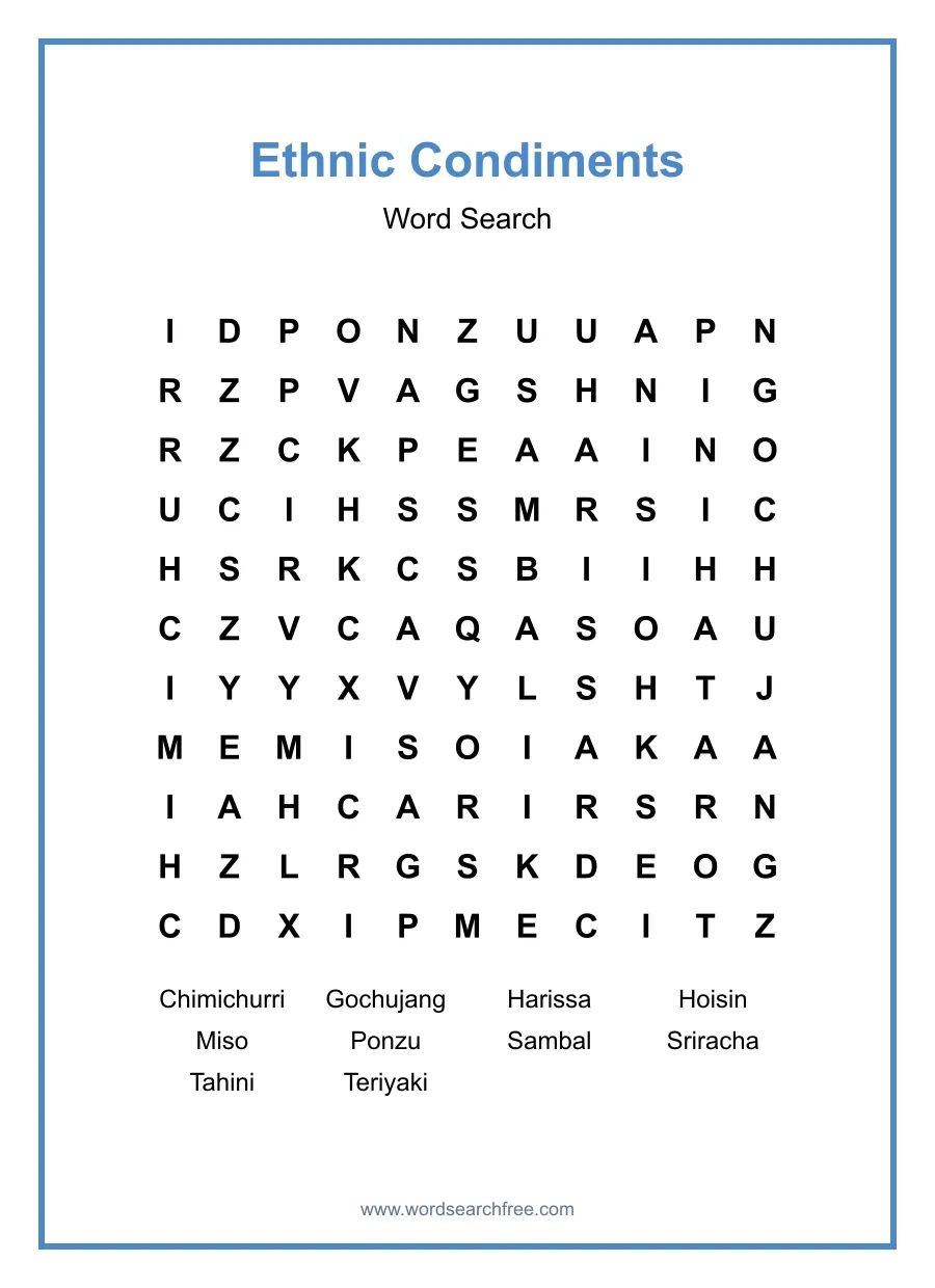 Ethnic Condiments Word Search - Free printable puzzle with 10 words