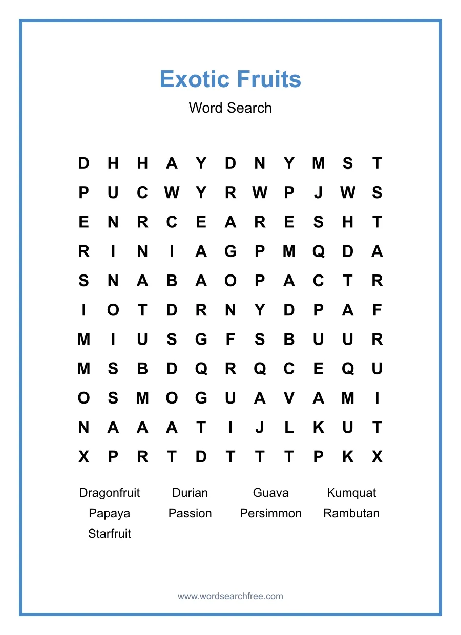 Exotic Fruits Word Search - Free printable puzzle with 9 words