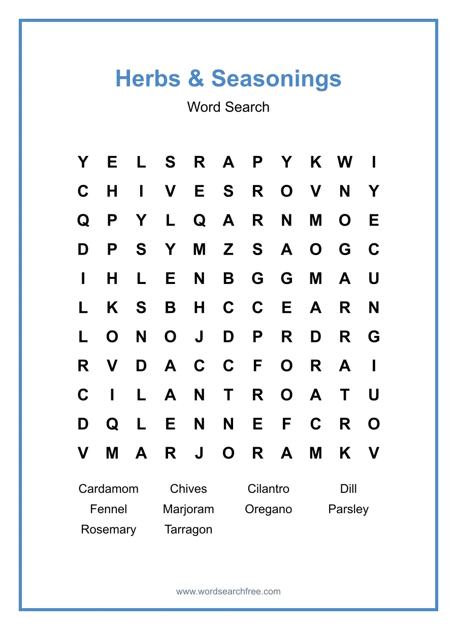 Herbs & Seasonings Word Search - Free printable puzzle with 10 words