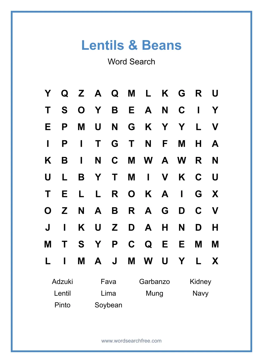 Lentils & Beans Word Search - Free printable puzzle with 10 words
