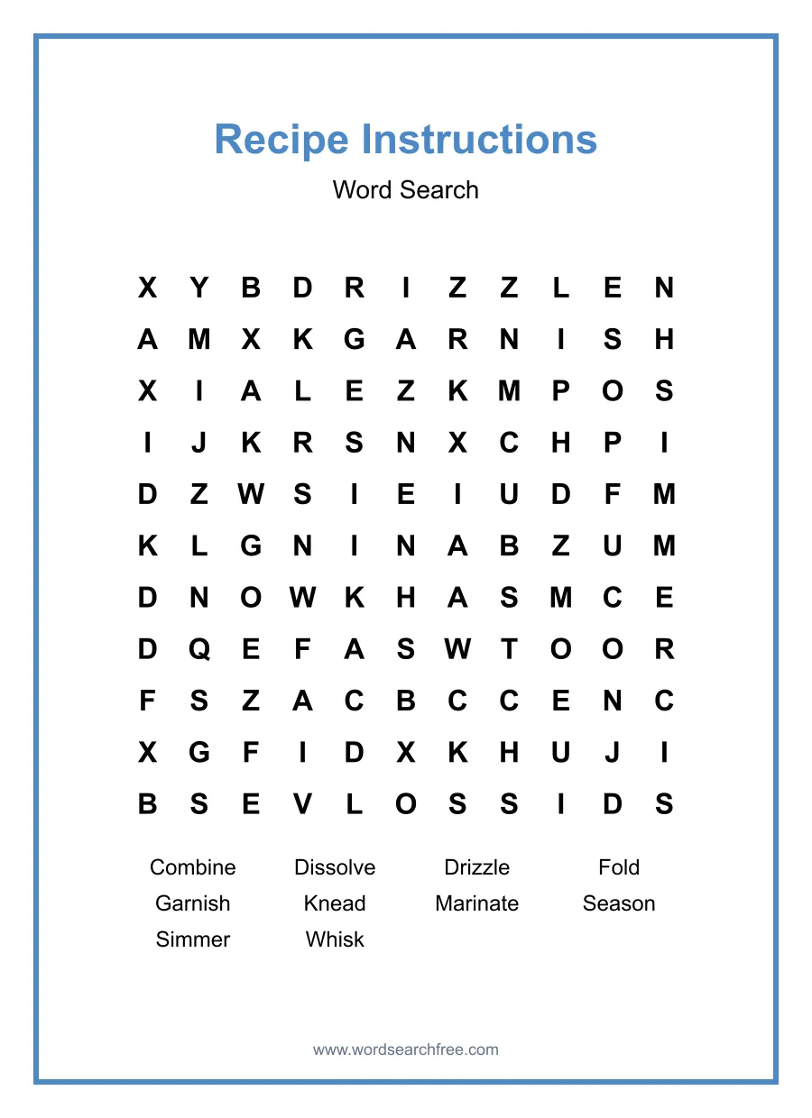 Recipe Instructions Word Search - Free printable puzzle with 10 words