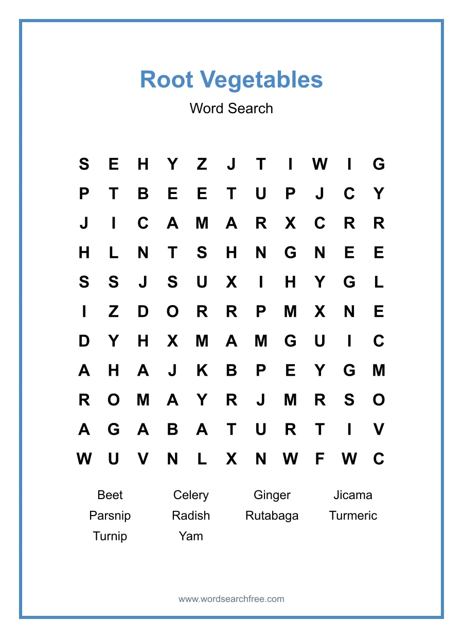 Root Vegetables Word Search - Free printable puzzle with 10 words