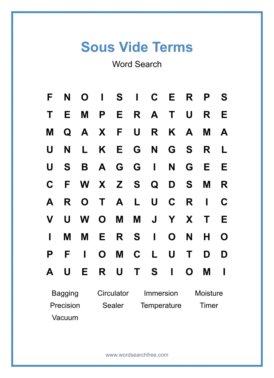 Sous Vide Terms Word Search - Free printable puzzle with 9 words