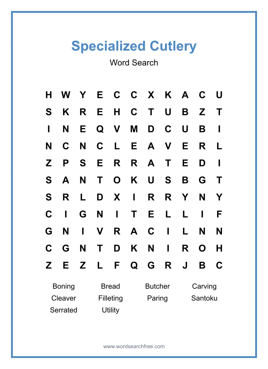 Specialized Cutlery Word Search - Free printable puzzle with 10 words
