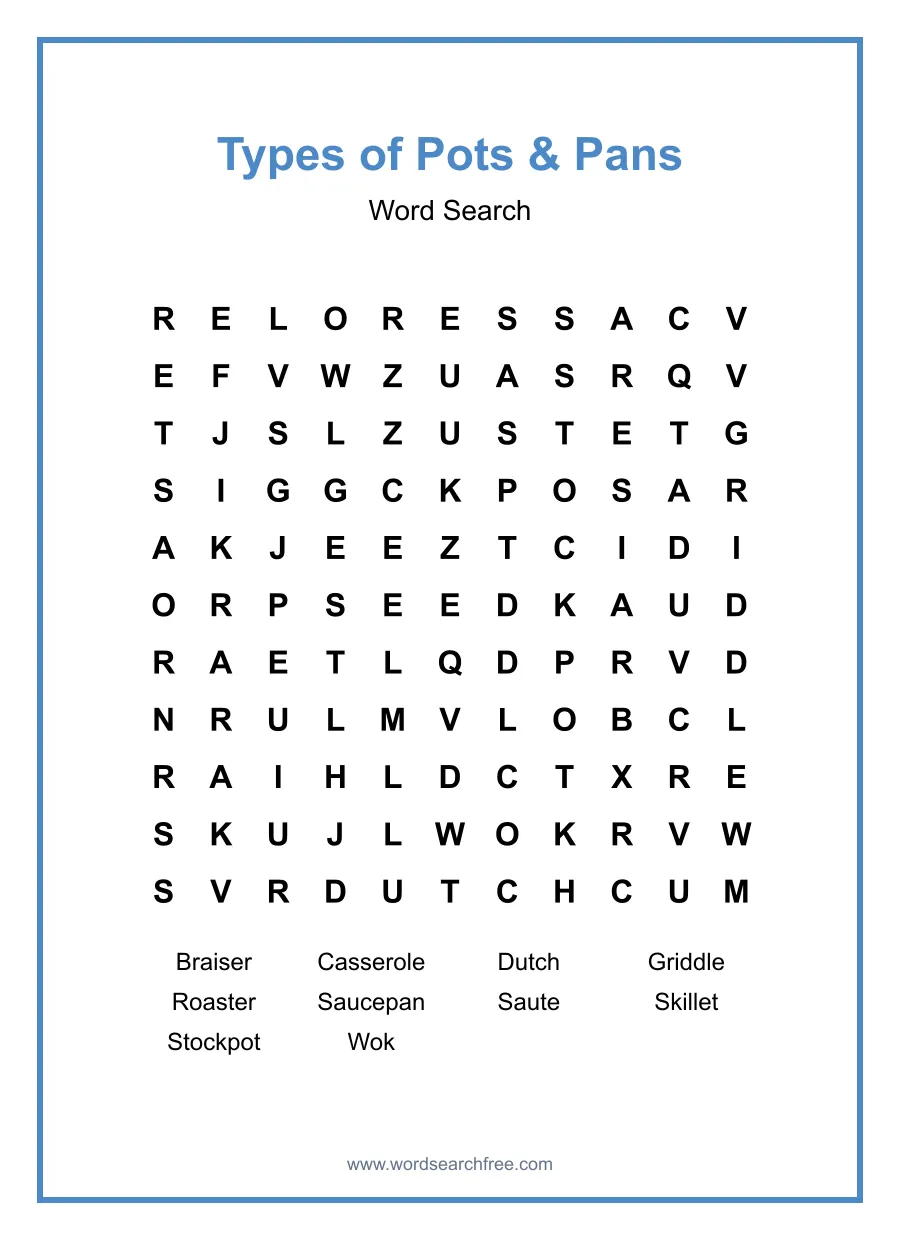 Types of Pots & Pans Word Search - Free printable puzzle with 10 words