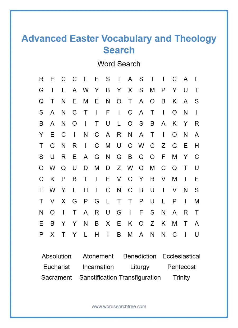 Advanced Easter Vocabulary and Theology Search - Free printable puzzle with 12 words