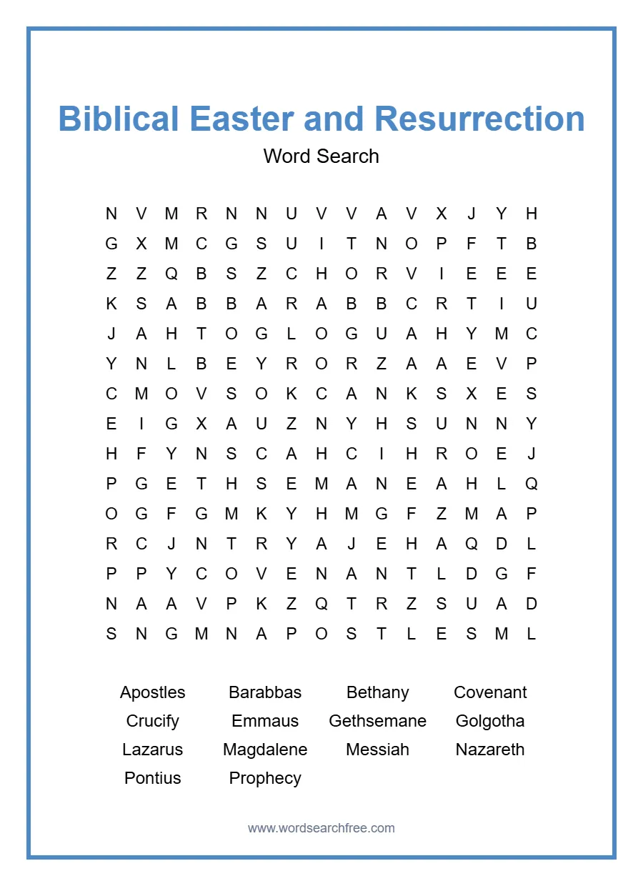 Biblical Easter and Resurrection Word Search - Free printable puzzle with 14 words