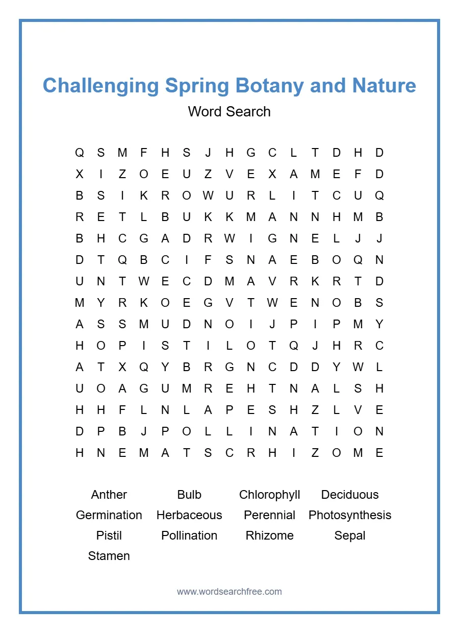 Challenging Spring Botany and Nature Word Search - Free printable puzzle with 13 words