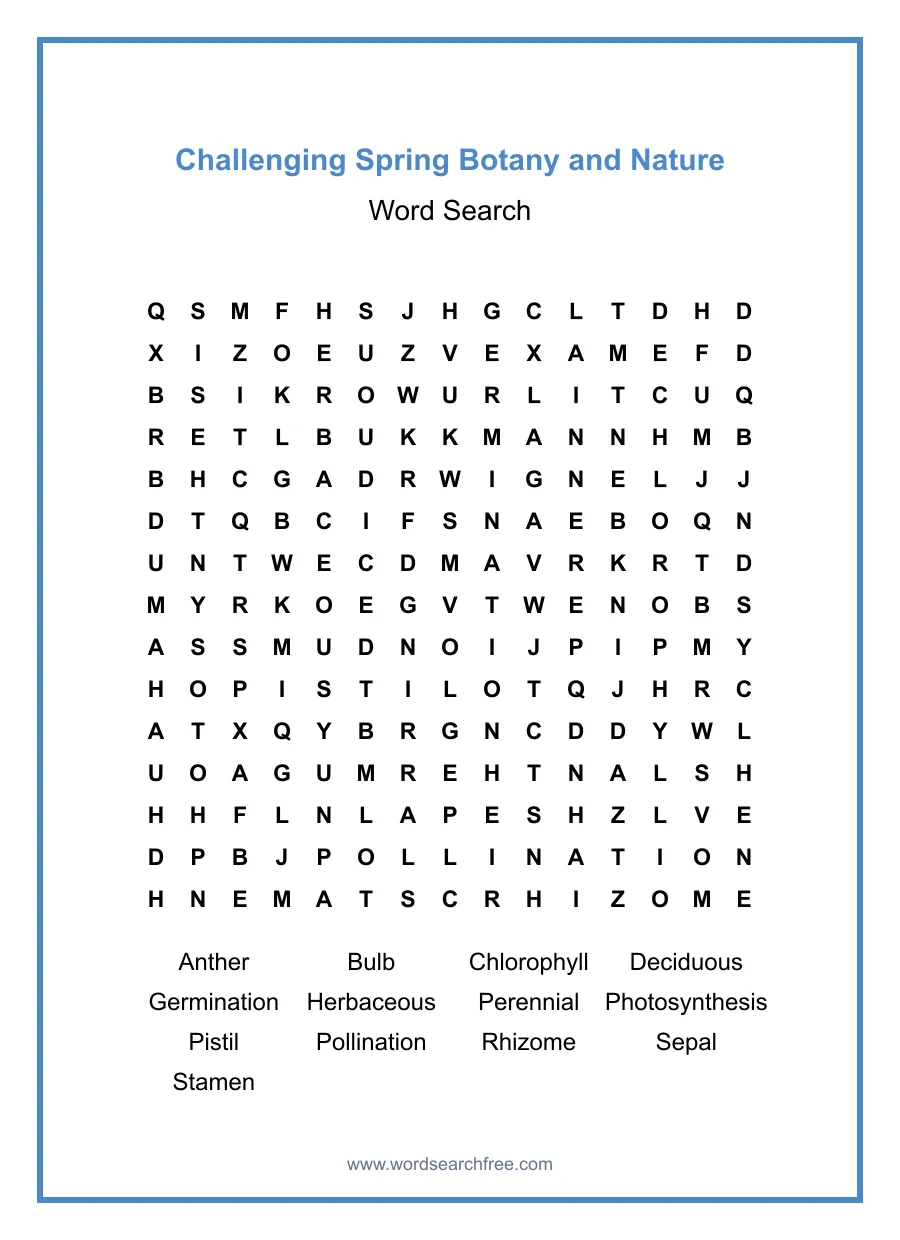 Challenging Spring Botany and Nature - Hard Word Search Puzzle