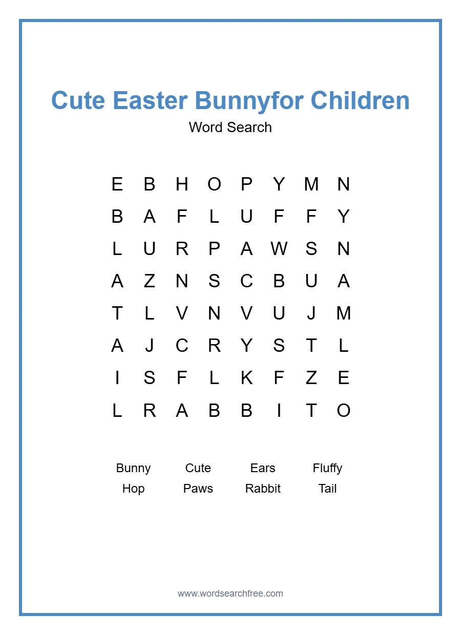 Cute Easter Bunny Word Search for Children - Free printable puzzle with 8 words
