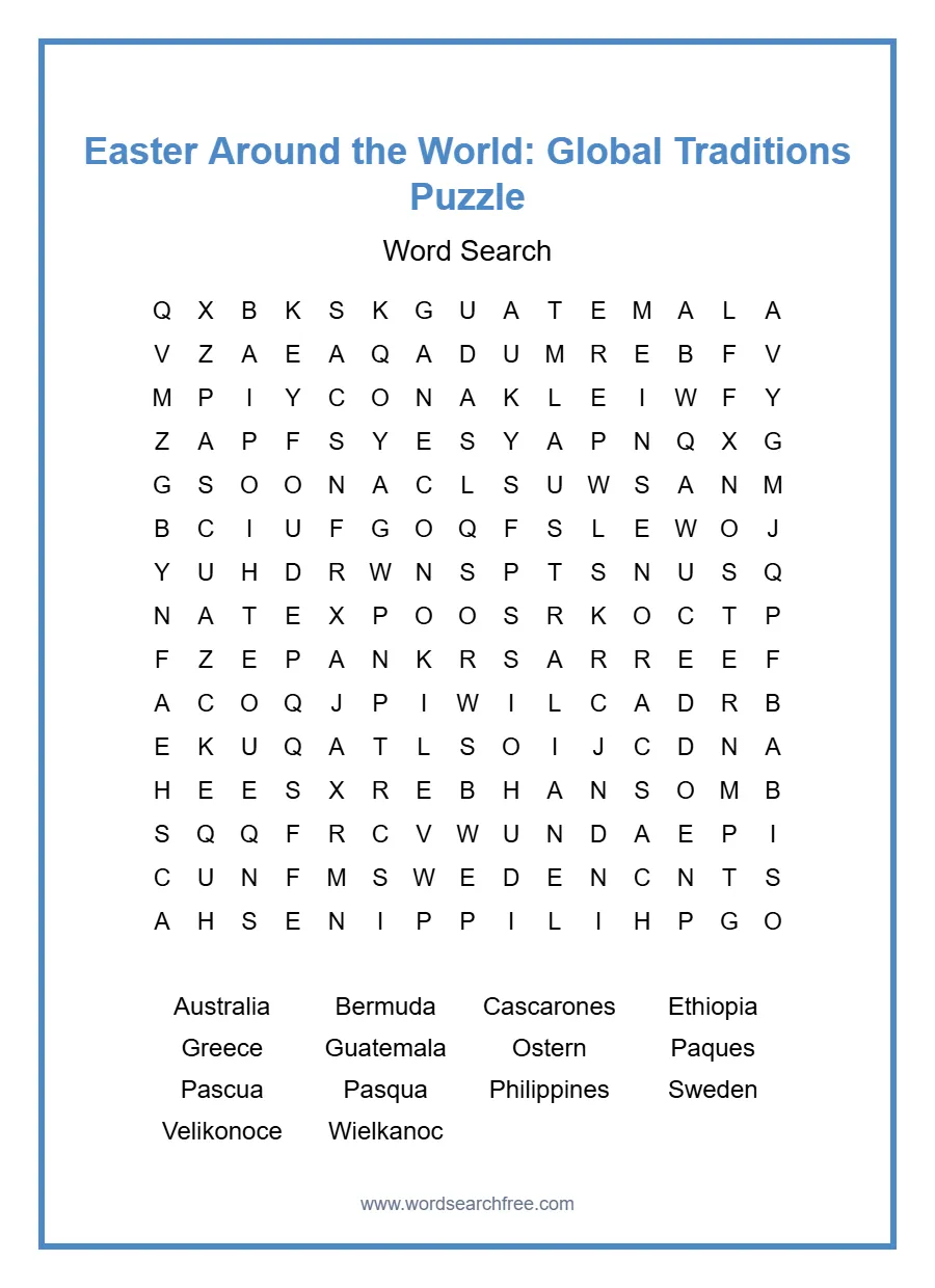 Easter Around the World: Global Traditions Puzzle - Free printable puzzle with 14 words