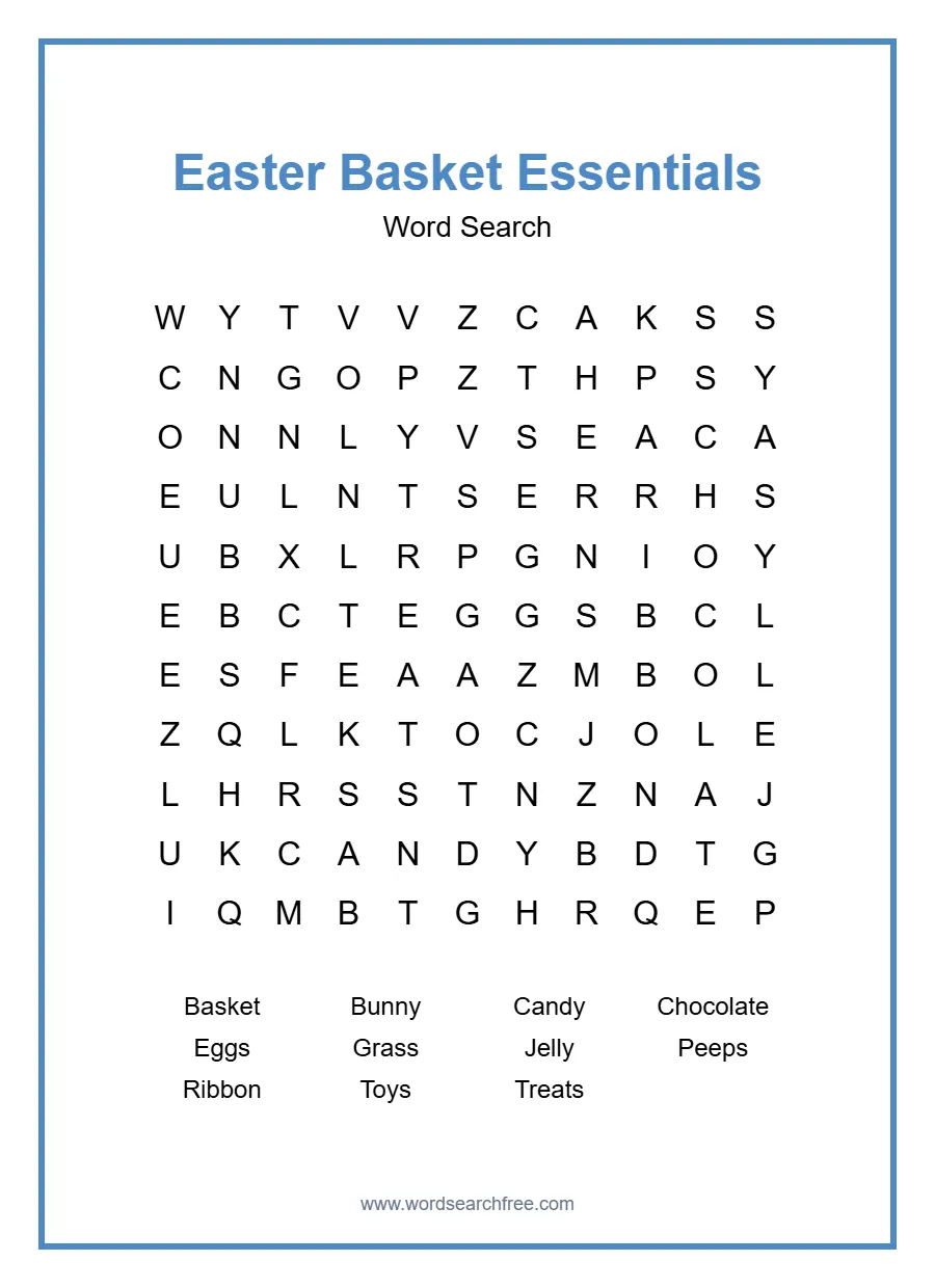 Easter Basket Essentials Word Search - Free printable puzzle with 11 words