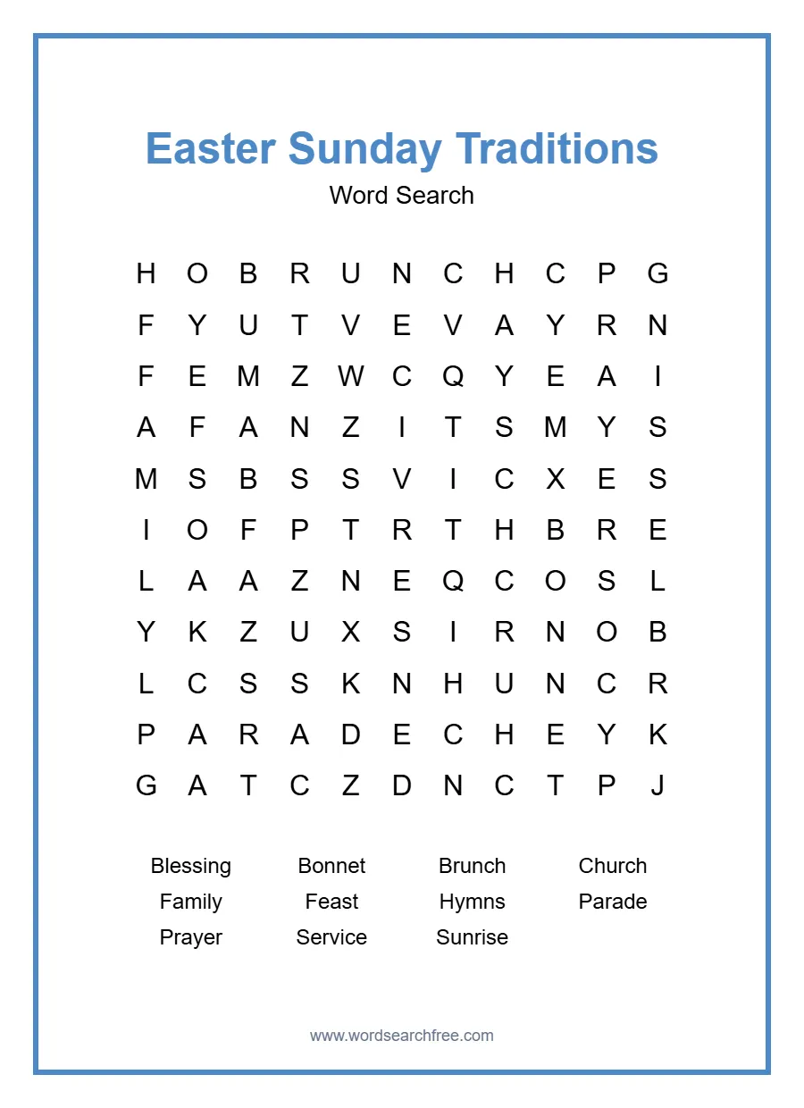 Easter Sunday Traditions Word Search - Free printable puzzle with 11 words