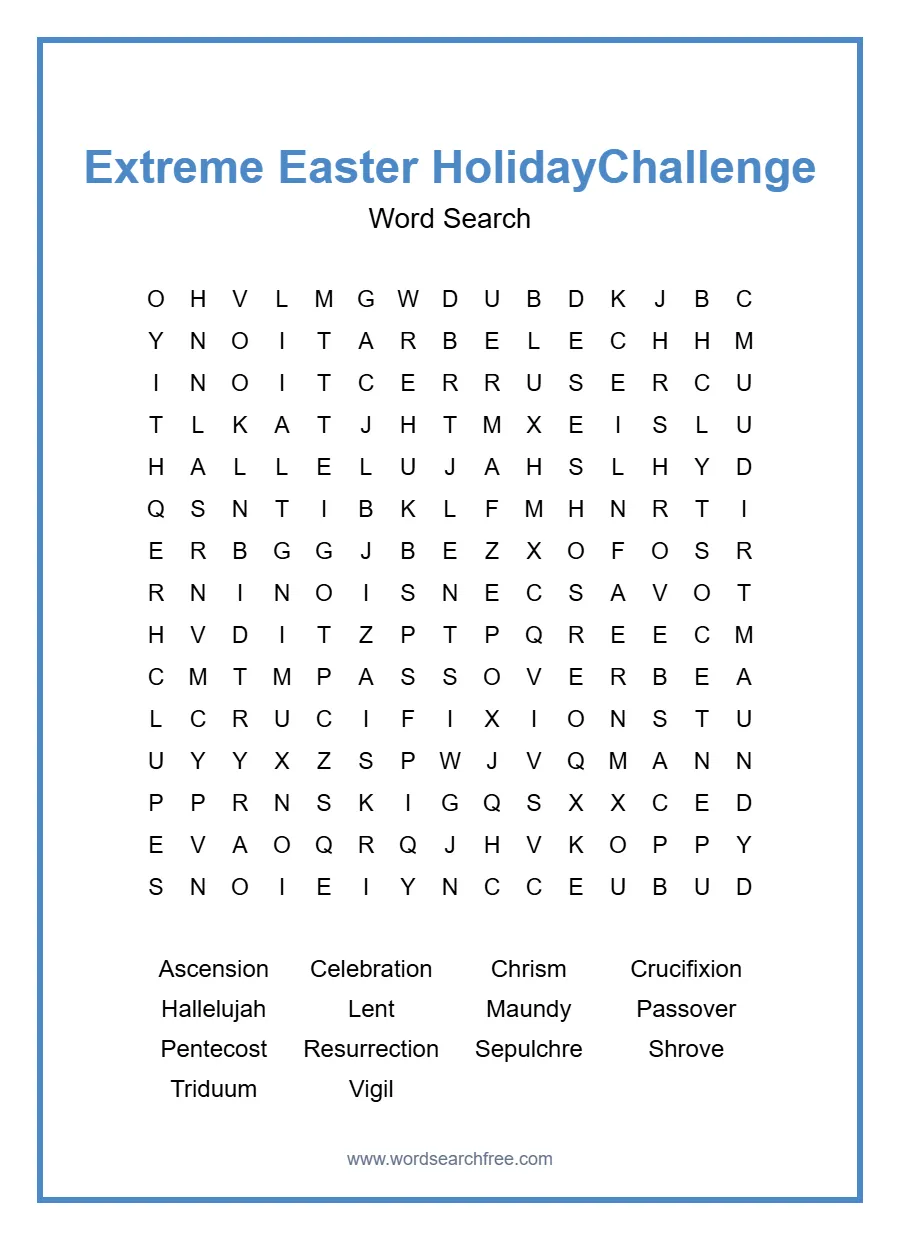 Extreme Easter Holiday Word Search Challenge - Free printable puzzle with 14 words