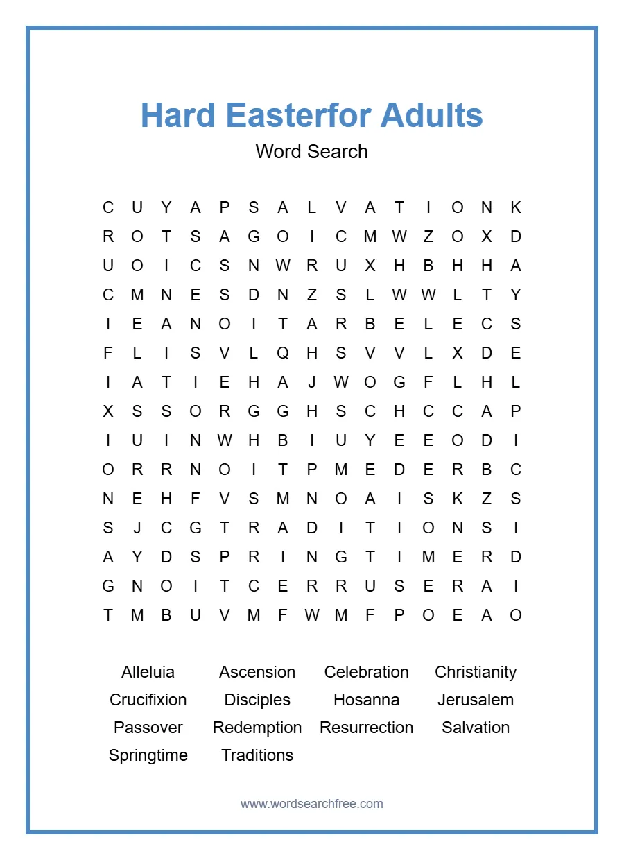 Hard Easter Word Search for Adults - Free printable puzzle with 14 words