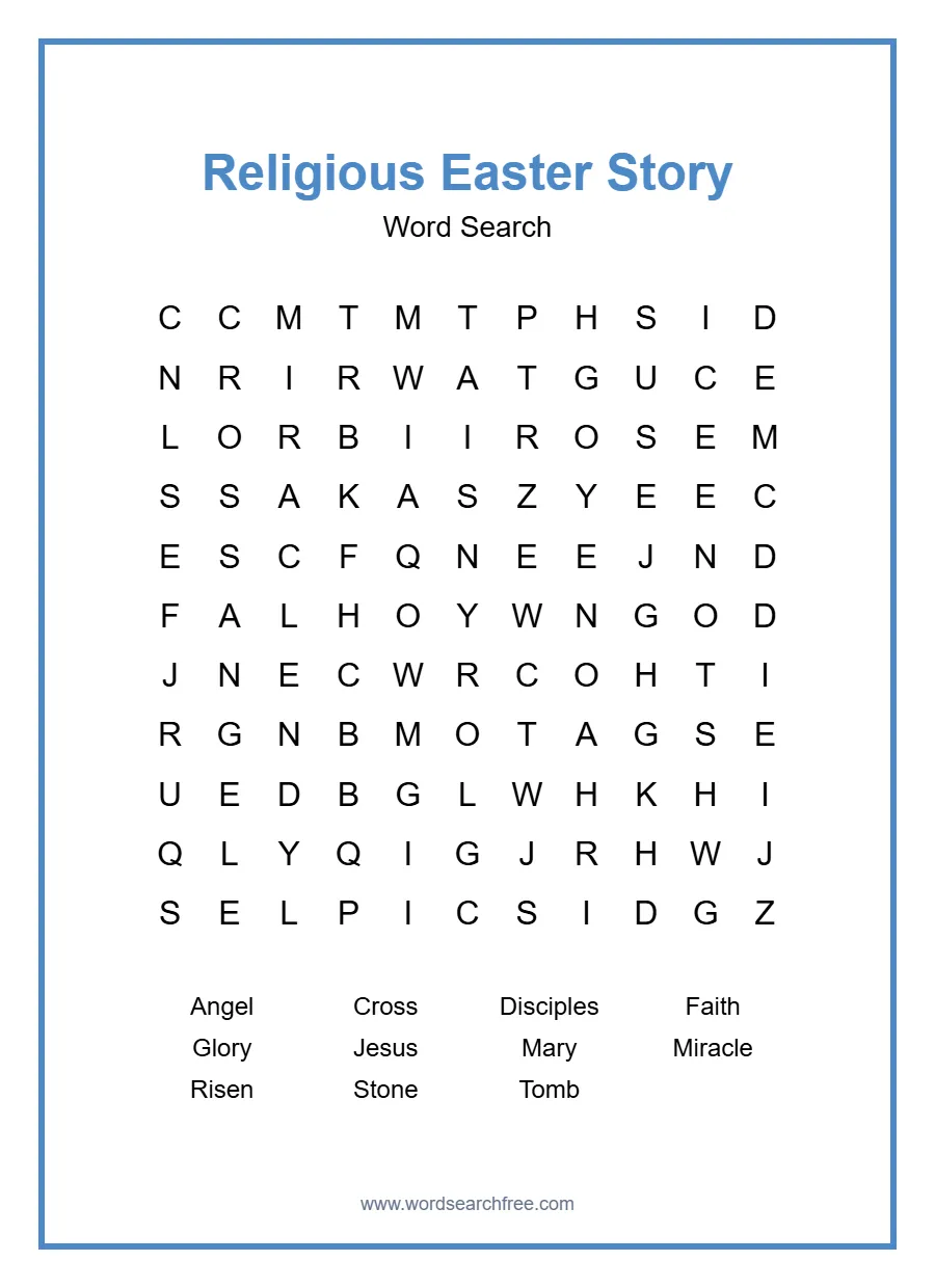 Religious Easter Story Word Search - Free printable puzzle with 11 words