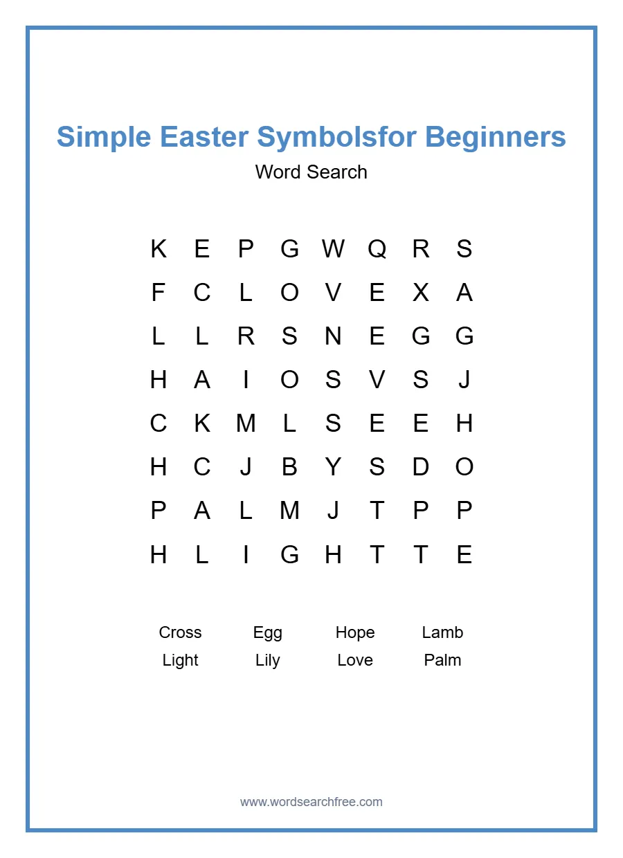 Simple Easter Symbols Word Search for Beginners - Free printable puzzle with 8 words