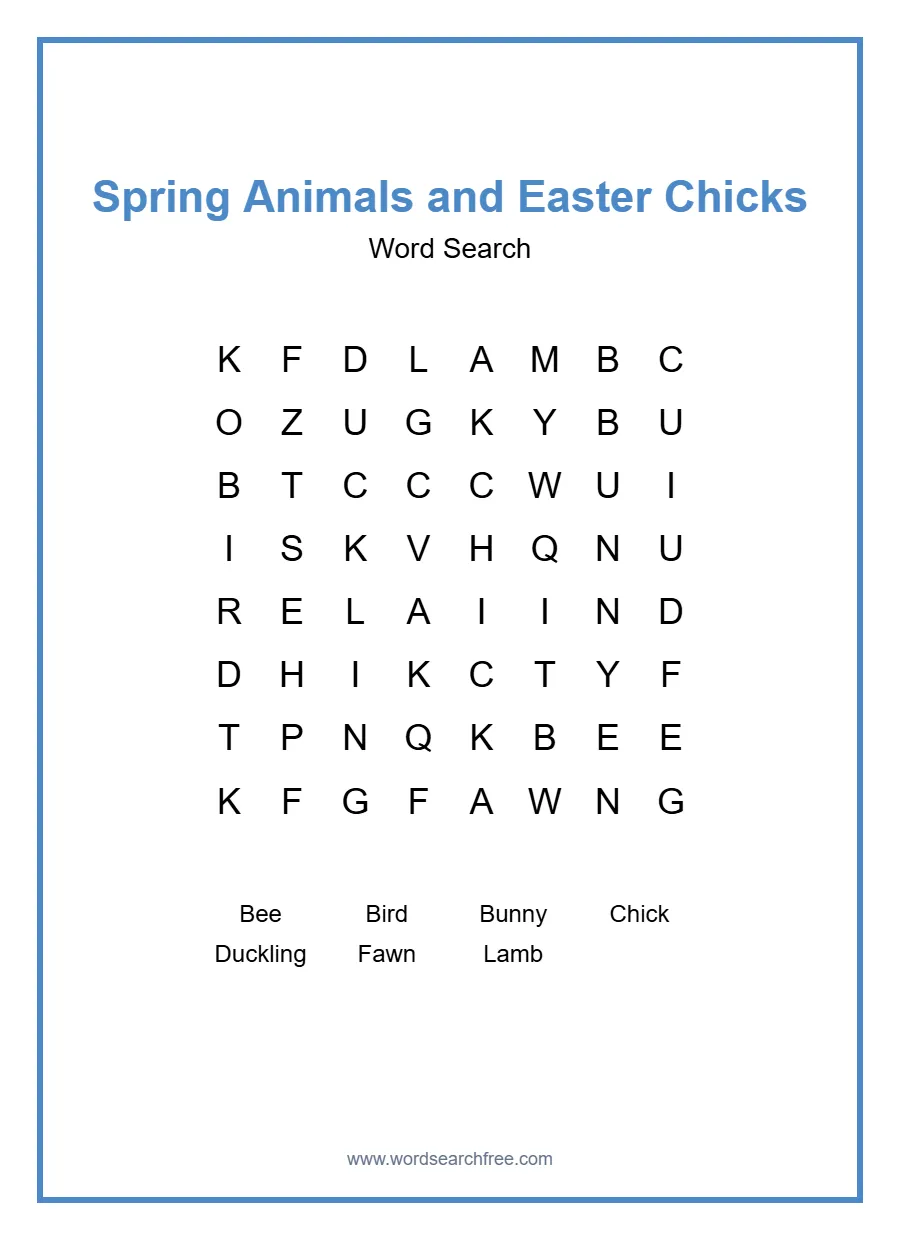 Spring Animals and Easter Chicks Word Search - Free printable puzzle with 7 words