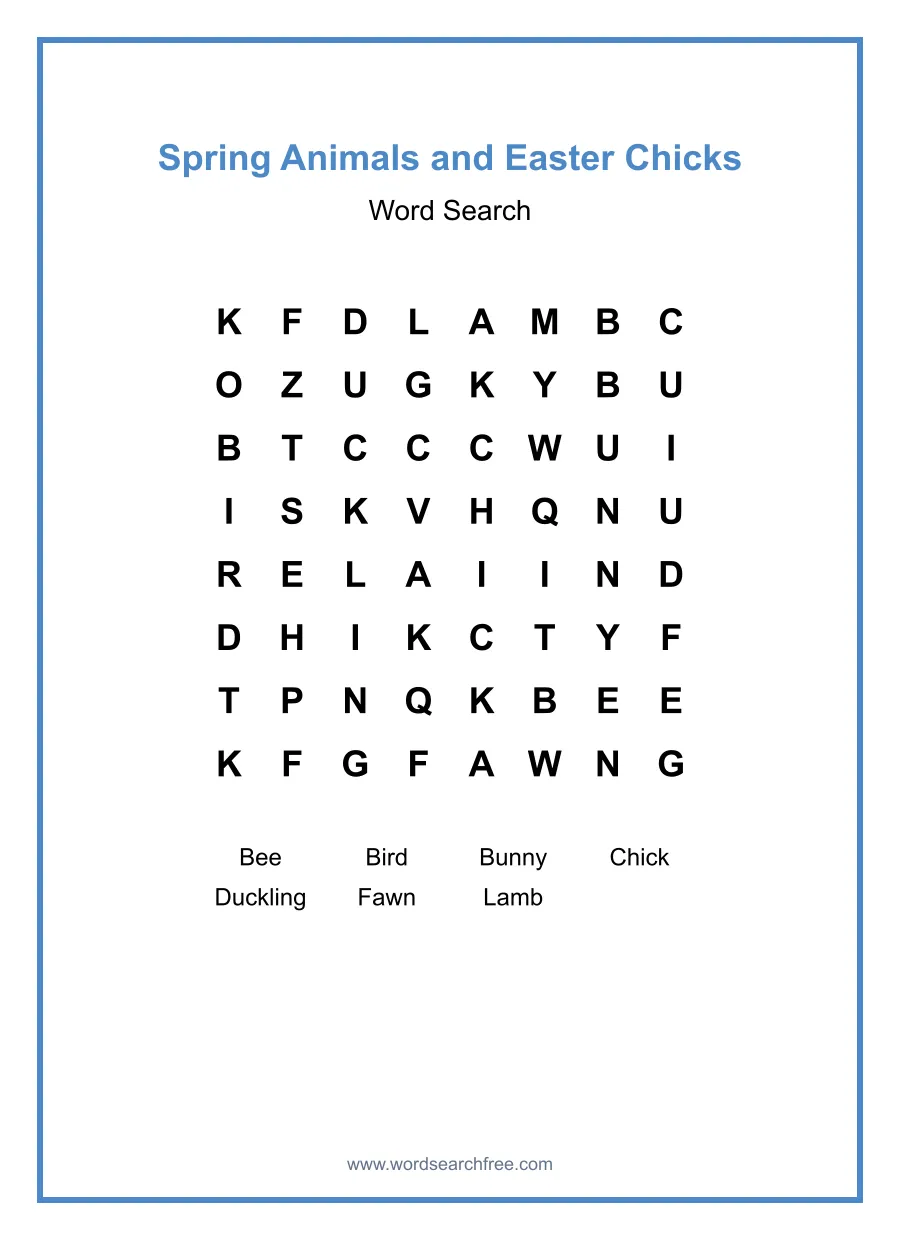 Spring Animals and Easter Chicks - Easy Word Search Puzzle
