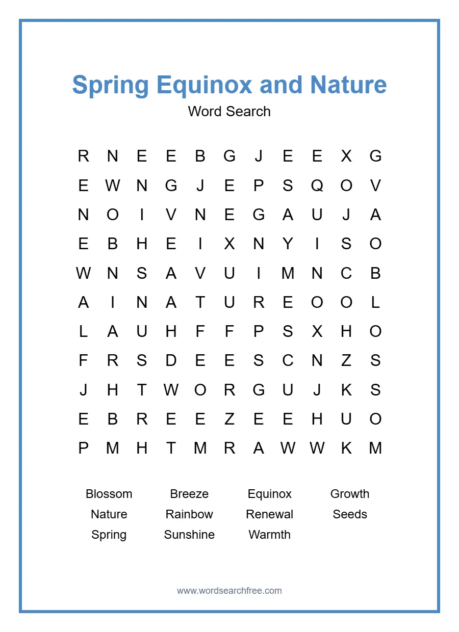 Spring Equinox and Nature Word Search - Free printable puzzle with 11 words