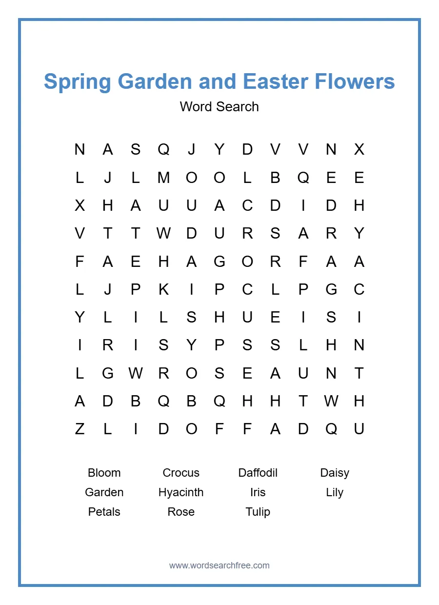Spring Garden and Easter Flowers Word Search - Free printable puzzle with 11 words