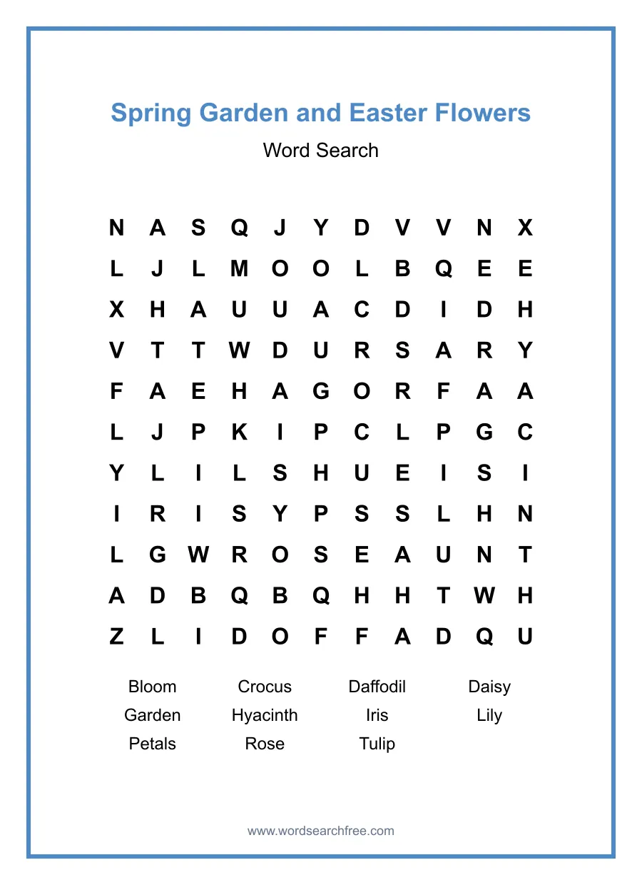 Spring Garden and Easter Flowers - Medium Word Search Puzzle