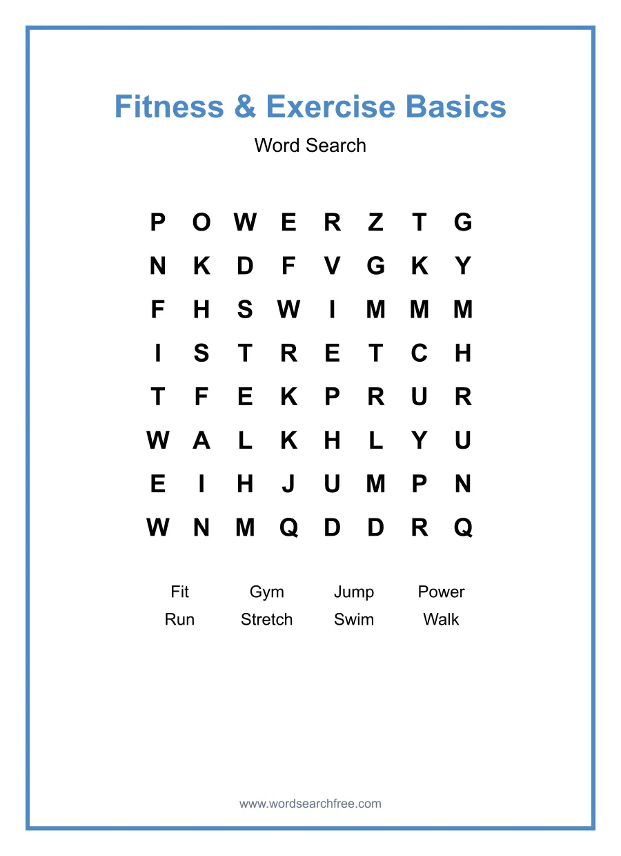 Fitness & Exercise Basics Word Search - Free printable puzzle with 8 words
