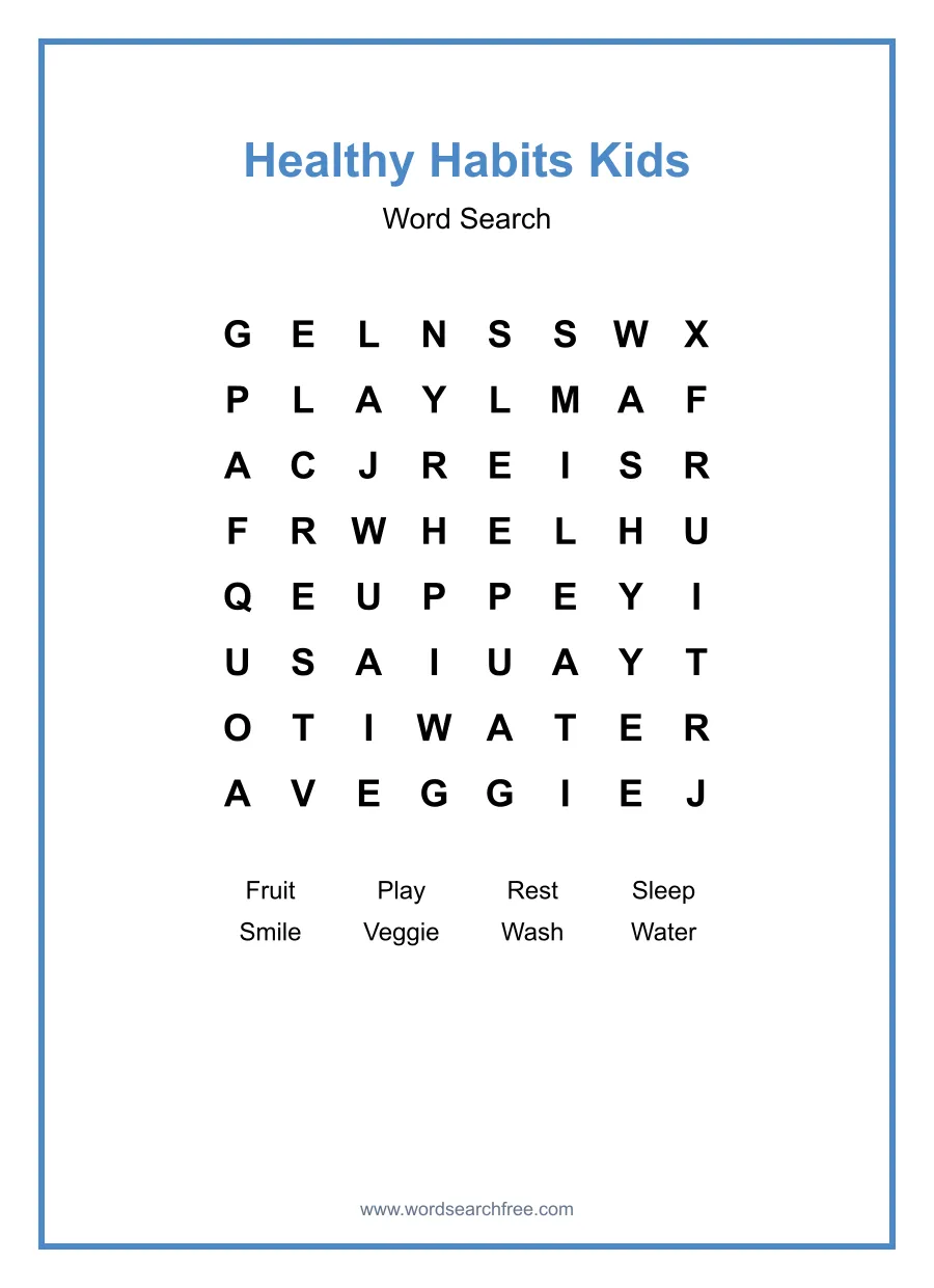 Healthy Habits Kids Word Search - Free printable puzzle with 8 words