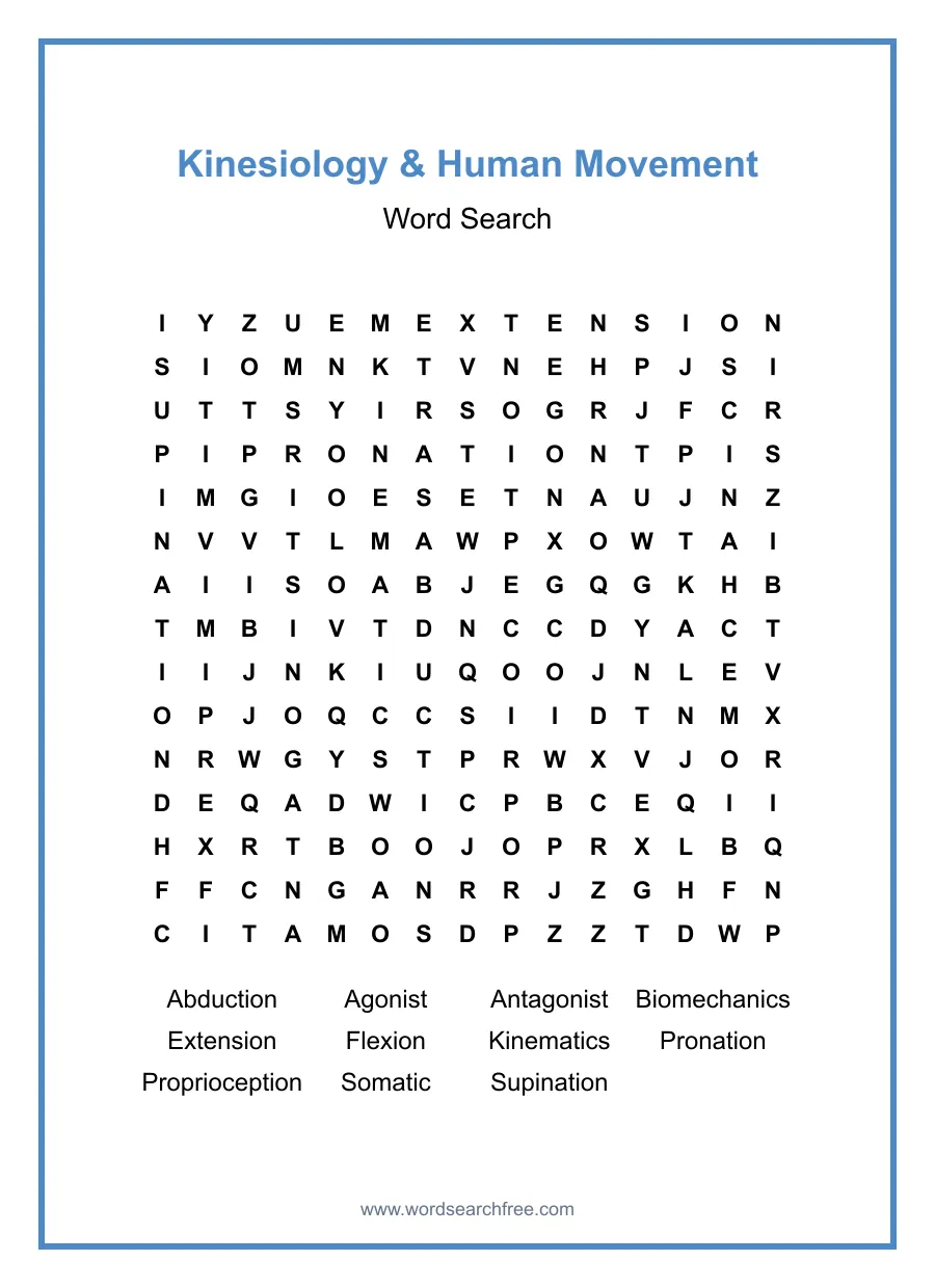 Kinesiology & Human Movement Word Search - Free printable puzzle with 11 words