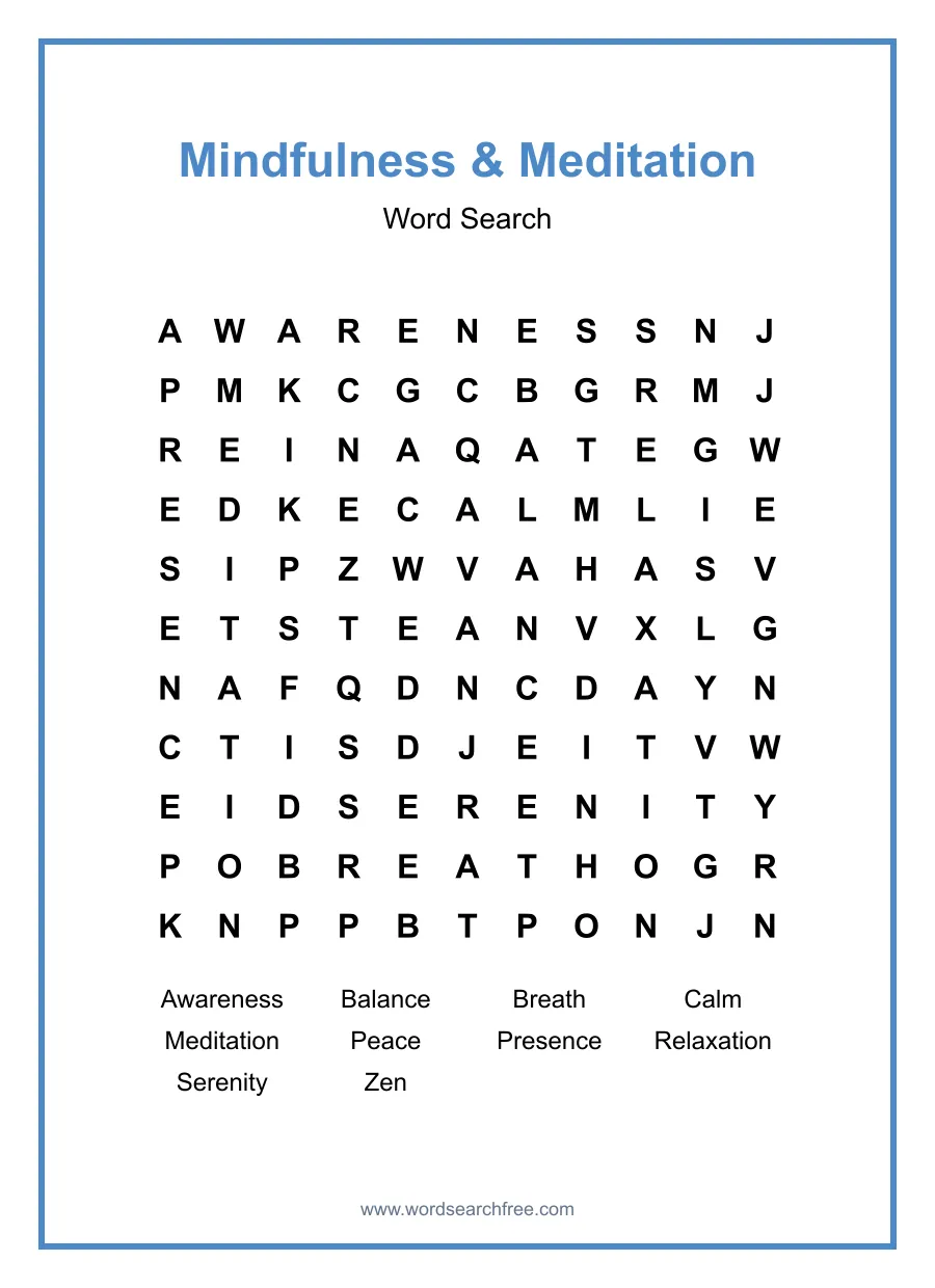 Mindfulness & Meditation Word Search - Free printable puzzle with 10 words