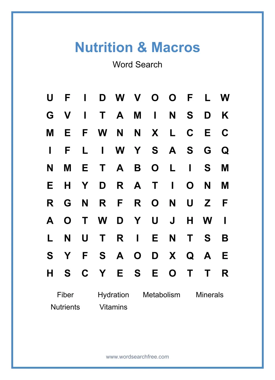 Nutrition & Macros Word Search - Free printable puzzle with 6 words