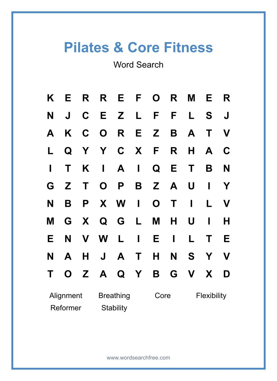 Pilates & Core Fitness Word Search - Free printable puzzle with 6 words