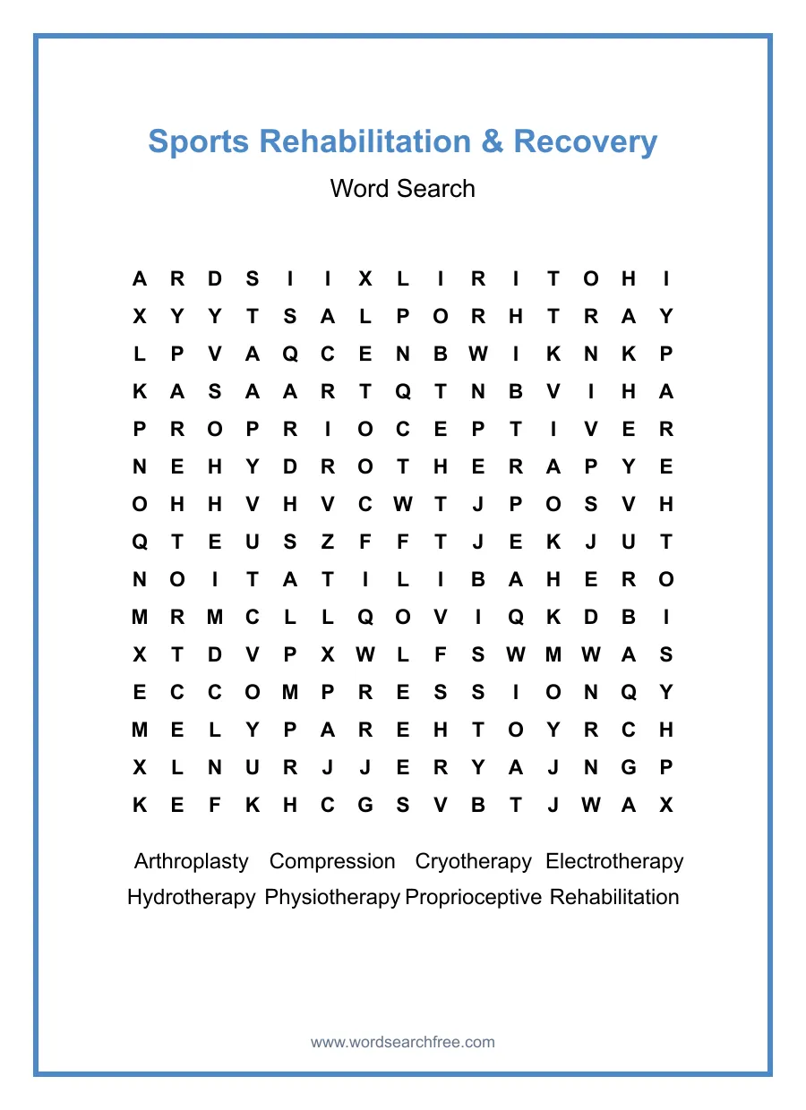 Sports Rehabilitation & Recovery Word Search - Free printable puzzle with 8 words