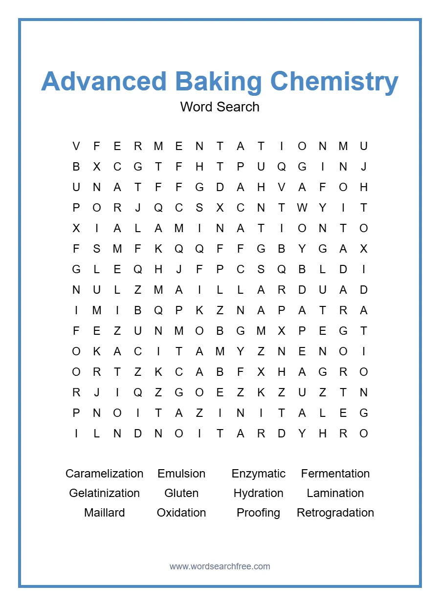 Advanced Baking Chemistry Word Search - Free printable puzzle with 12 words