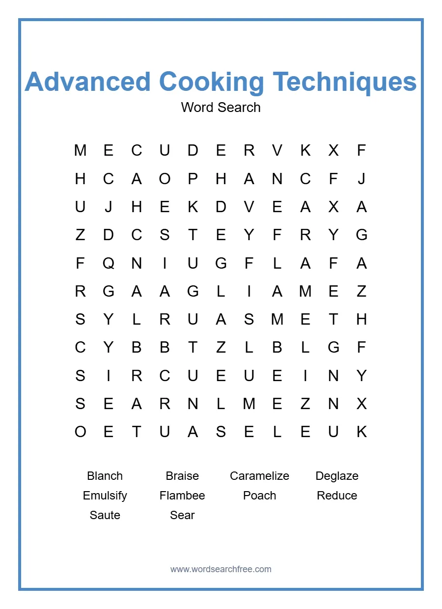 Advanced Cooking Techniques Word Search - Free printable puzzle with 10 words