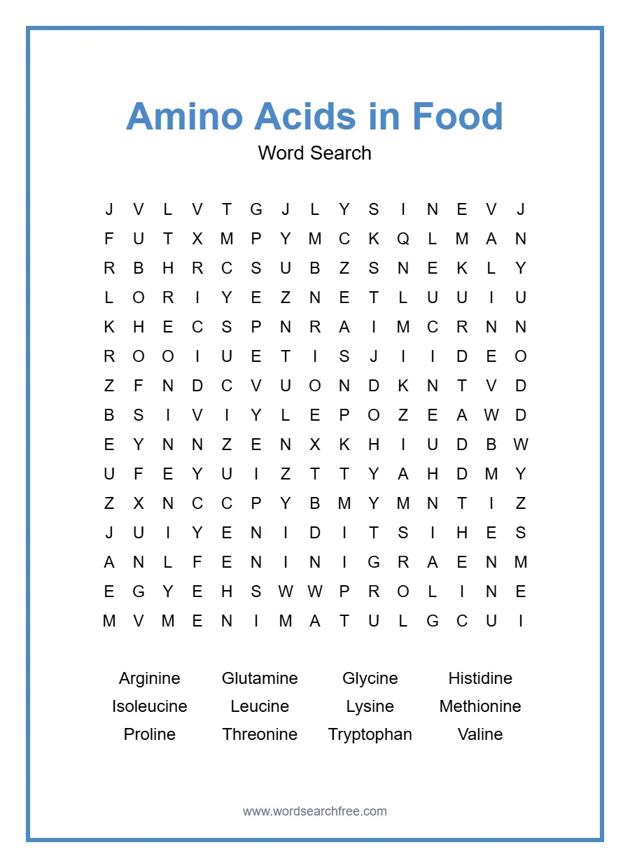 Amino Acids in Food Word Search - Free printable puzzle with 12 words