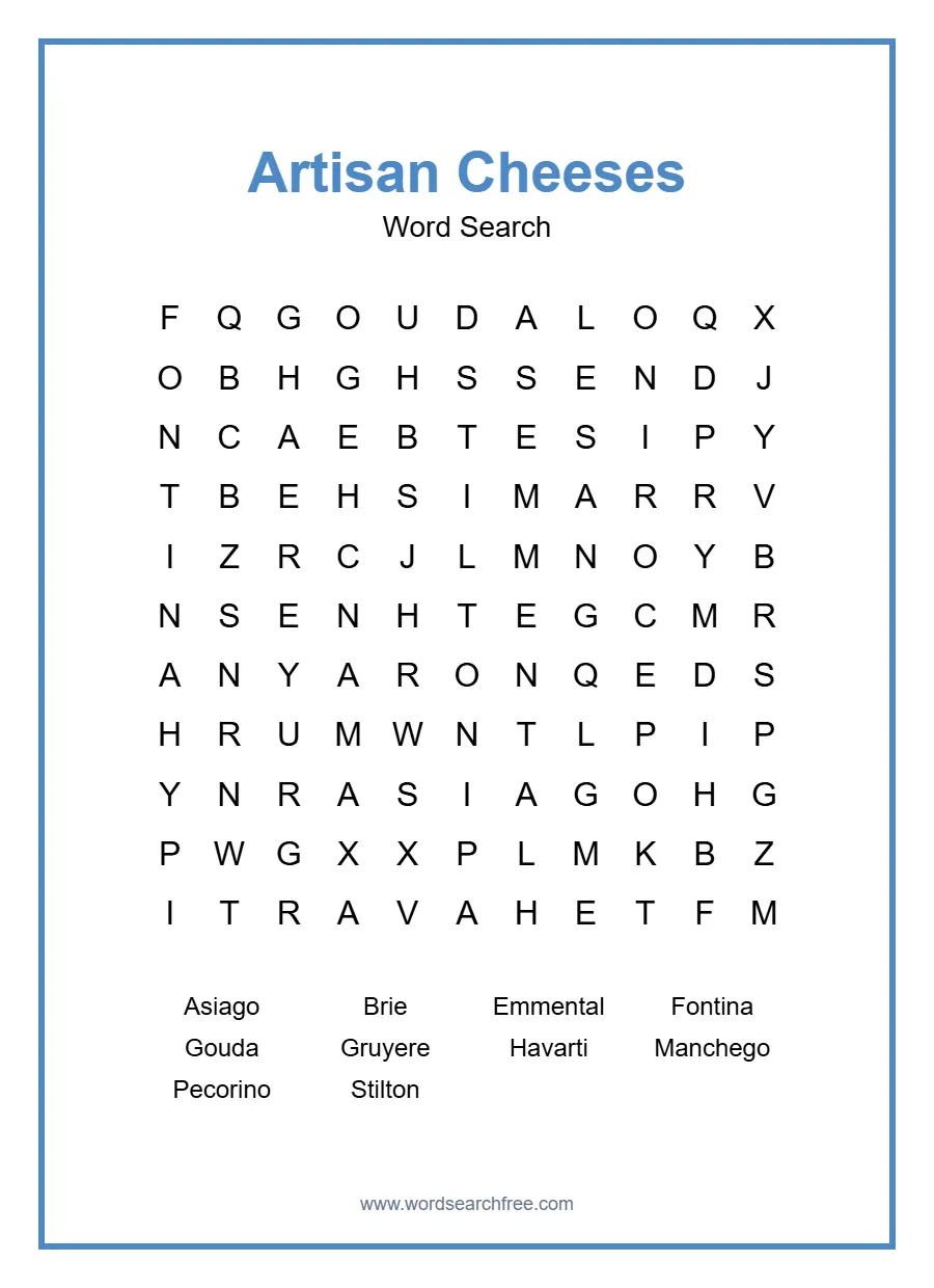 Artisan Cheeses Word Search - Free printable puzzle with 10 words