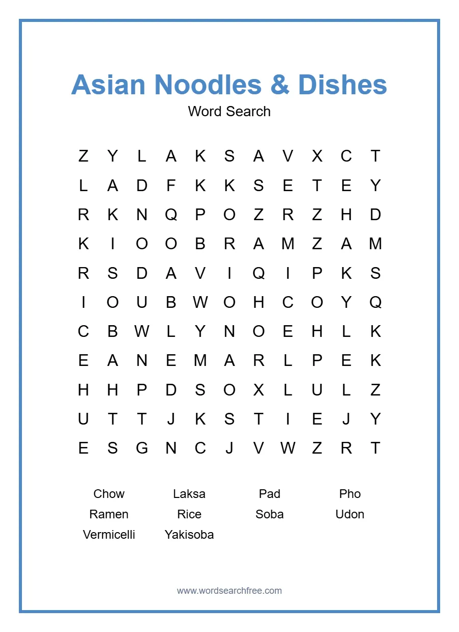 Asian Noodles & Dishes Word Search - Free printable puzzle with 10 words