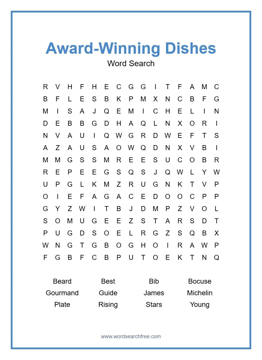 Award-Winning Dishes Word Search - Free printable puzzle with 12 words