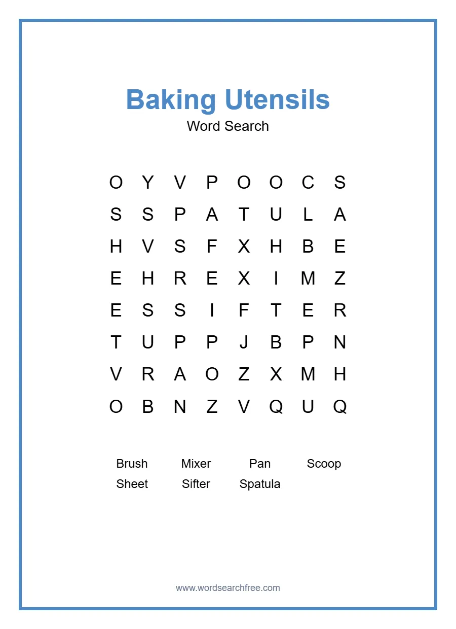 Baking Utensils Word Search - Free printable puzzle with 7 words