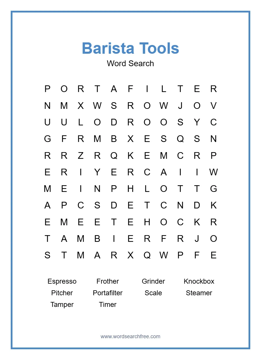 Barista Tools Word Search - Free printable puzzle with 10 words