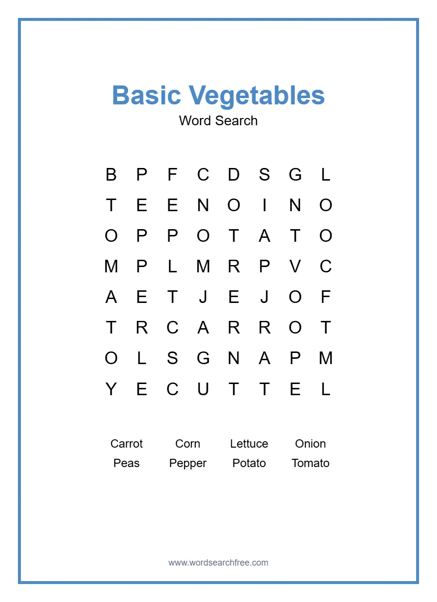 Basic Vegetables Word Search - Free printable puzzle with 8 words