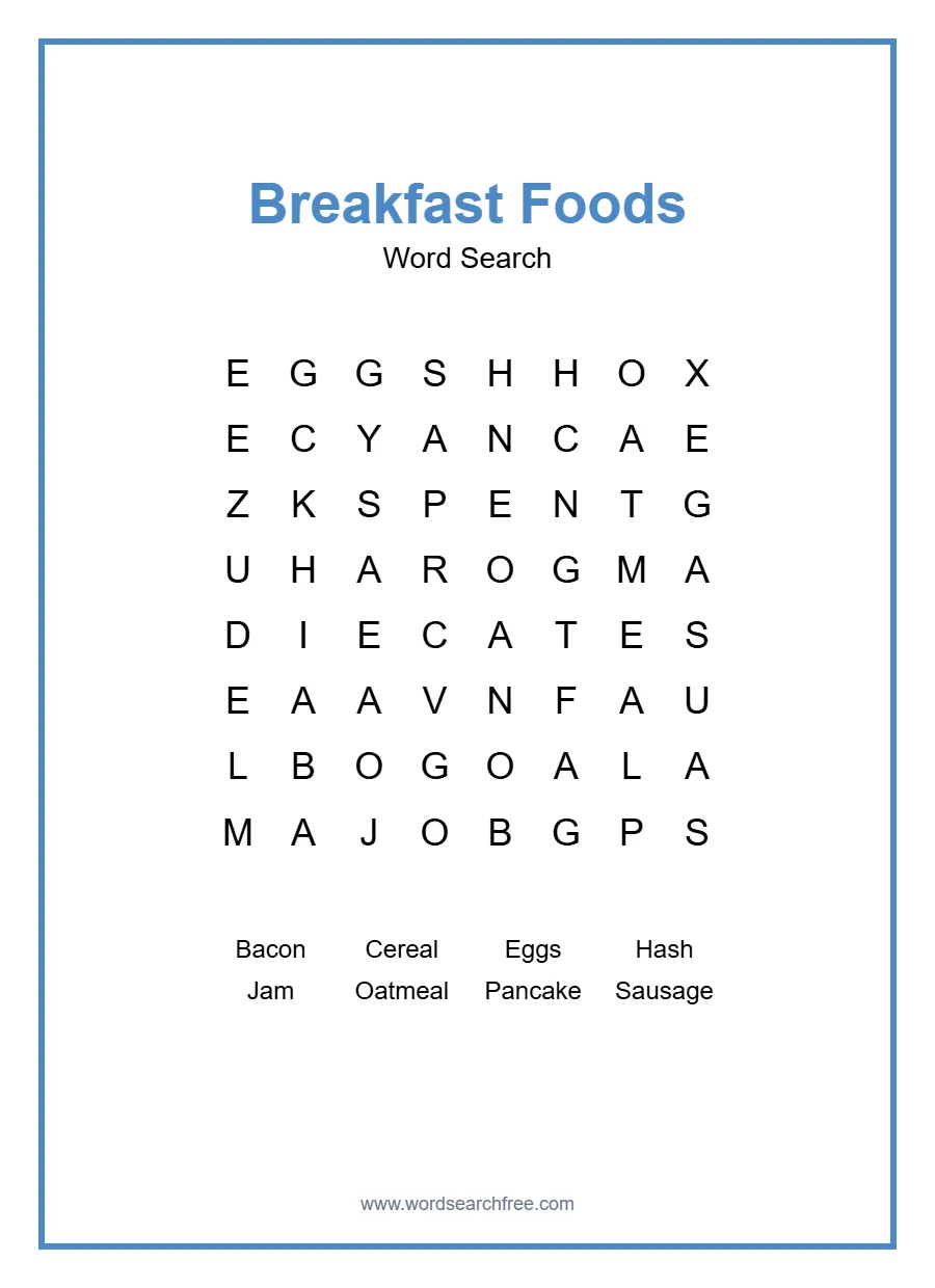 Breakfast Foods Word Search - Free printable puzzle with 8 words