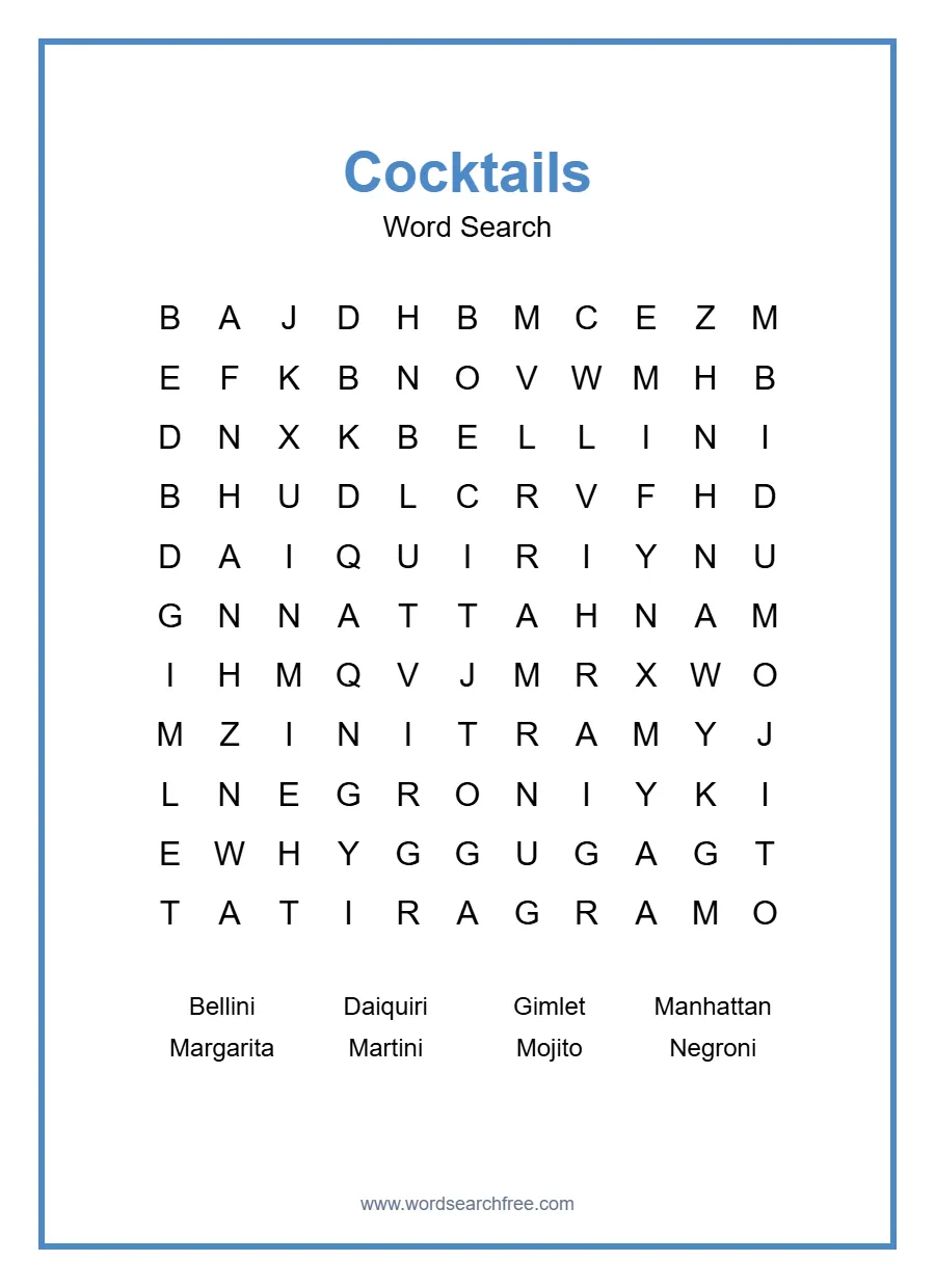 Cocktails Word Search - Free printable puzzle with 8 words